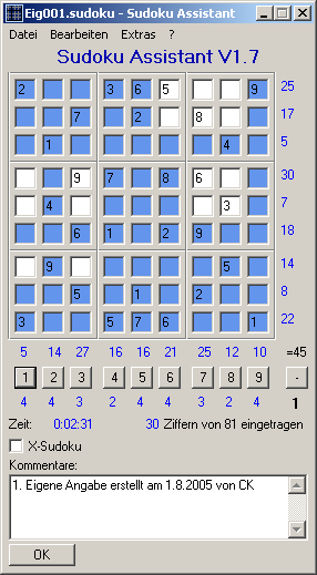 Bildschirmabbild des Programmes Sudoku Assistent